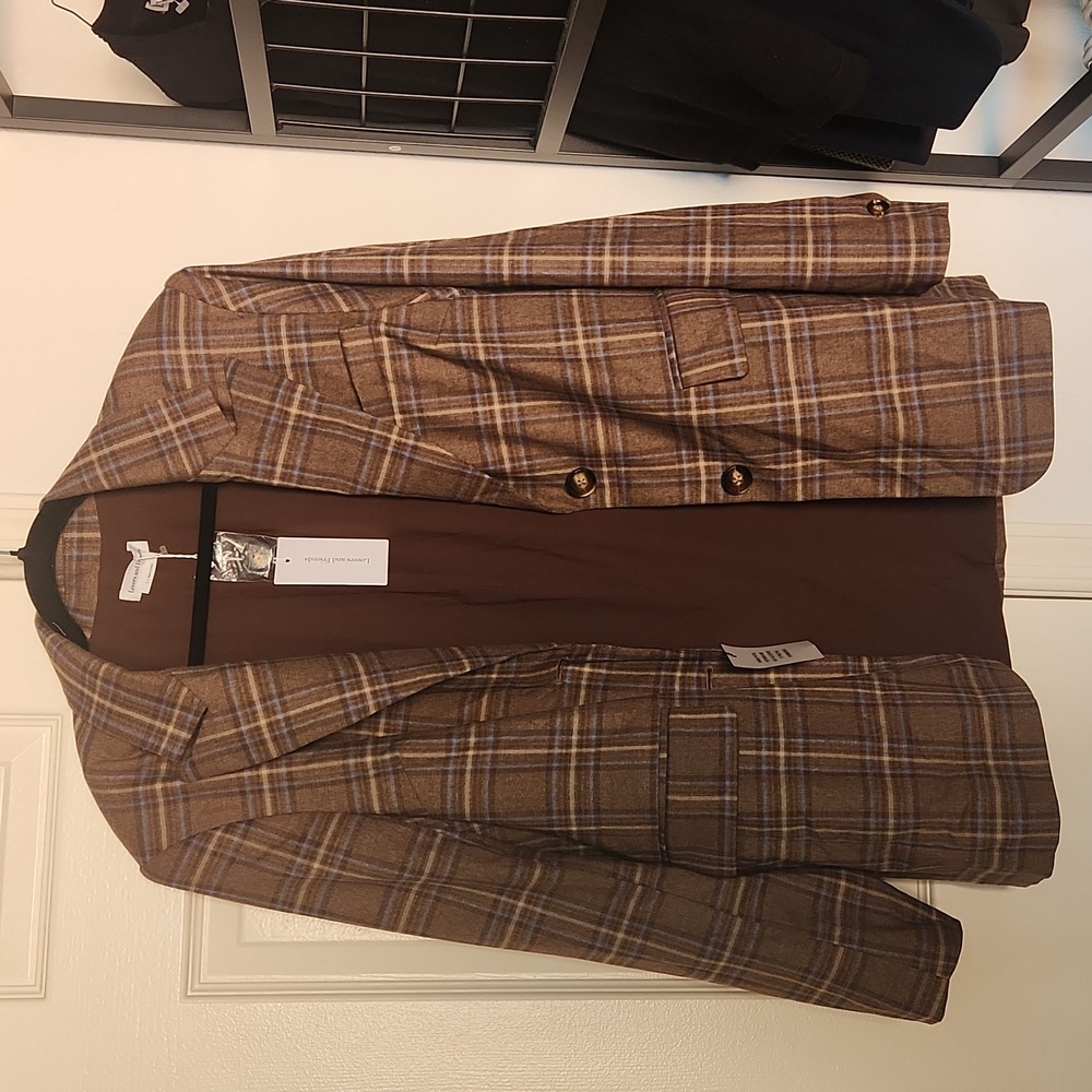 NWT Lovers And Friens Leah Blazer in Brown Plaid Multi Small - Picture 2 of 10
